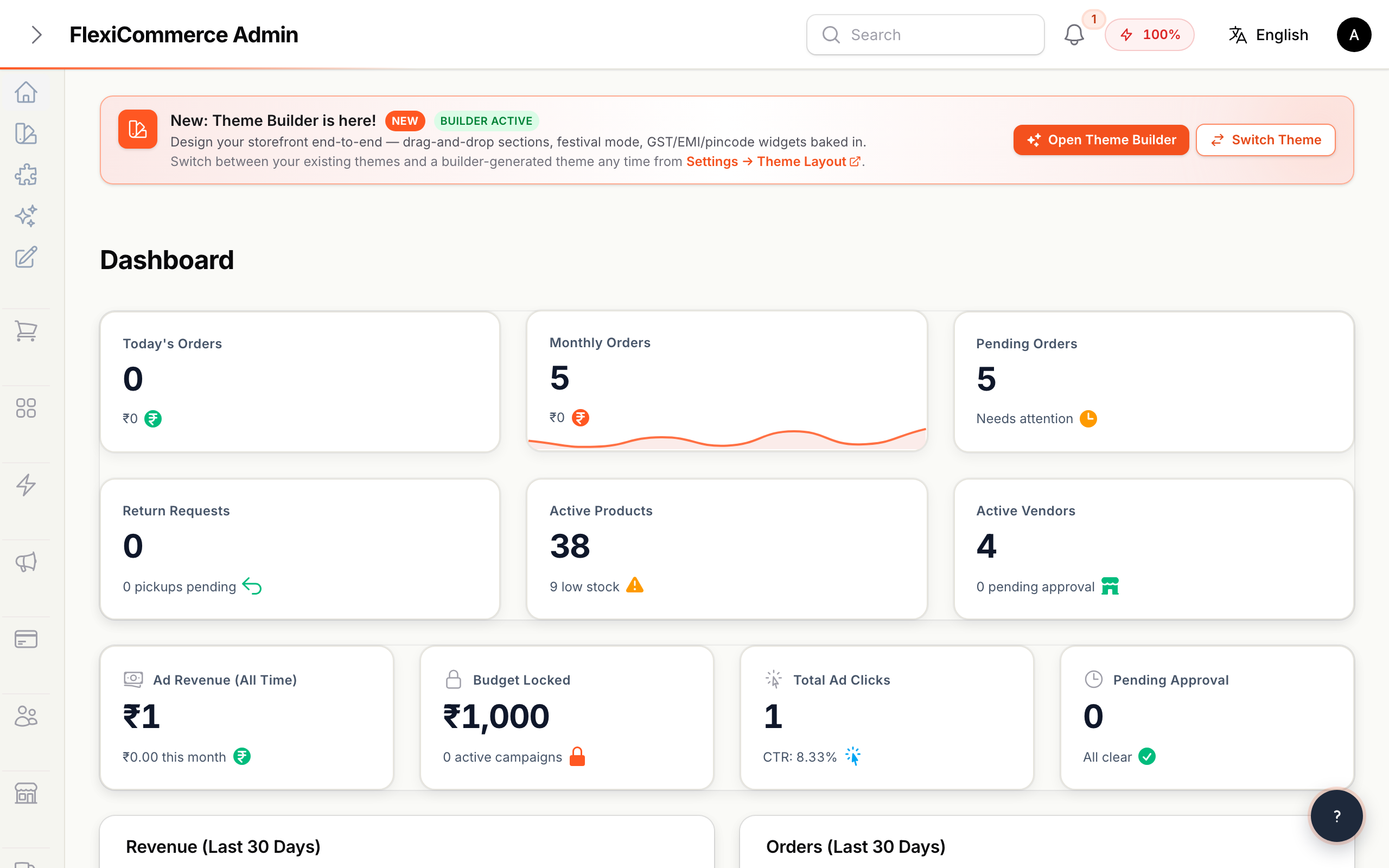 FlexiCommerce admin dashboard — live multi-tenant e-commerce SaaS
